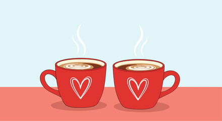 Obraz premium Romantic illustration of two steaming red coffee mugs with hand-drawn hearts, side-by-side for a Valentine's Day greeting.