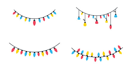A festive set of four different colorful Christmas light garlands, perfect for holiday decorations, borders, and celebratory designs.