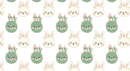 Obraz premium Adorable seamless Easter or spring pattern with cute white and green bunny rabbit faces adorned with delicate floral elements.