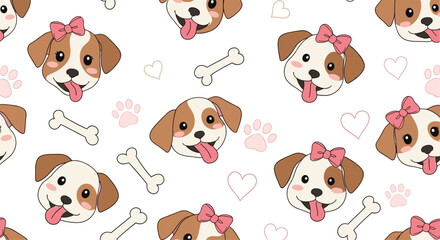 Fototapeta premium Sweet and adorable seamless pattern featuring cute puppy faces, pink bows, bones, hearts, and paw prints on a white background.