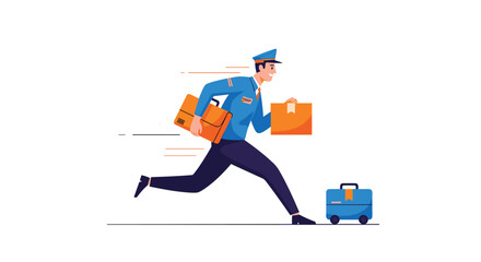 A postman in a blue uniform running quickly to deliver packages, representing an express mail and logistics service with speed.