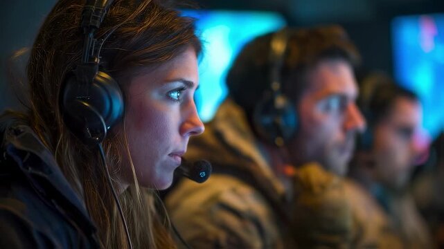 Inside a simulated ships command center trainees practice emergency communication skills utilizing headsets and microphones as they respond to distress calls and coordinate search and