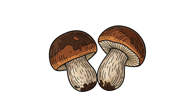 Detailed vintage-style illustration of two wild porcini mushrooms, showcasing their brown caps and thick stems on a white background.