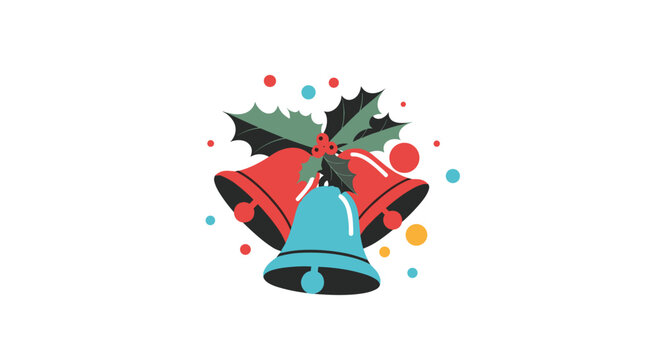 Festive and colorful Christmas bells illustration with holly leaves and berries, perfect for holiday greeting cards and decorations.