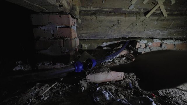 A plumber installs new plastic water pipes in the dingy, dark basement of an old house. He uses a flashlight to see while repairing and maintaining the plumbing system.