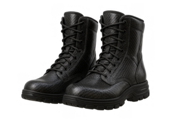 Pair of heavy-duty black tactical boots with laces presenting concepts of protection, utility, durability, and service