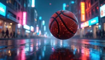Futuristic basketball with glowing circuit patterns floats above wet city street at night. Bright neon signs illuminate buildings. Reflections create vibrant urban tech atmosphere for digital sport