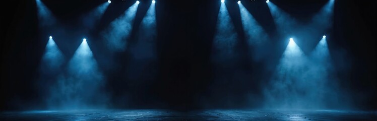 Fototapeta premium Stage lights illuminate dark space with blue beams piercing through smoke. Empty theater floor awaits performers, creating dramatic atmosphere for shows.
