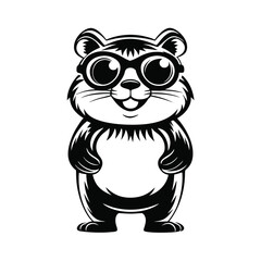 Isolated Upright Black and White Bear with Glasses, Minimalist Mascot, Stylized Art