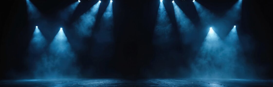Stage lights illuminate dark space with blue beams piercing through smoke. Empty theater floor awaits performers, creating dramatic atmosphere for shows.