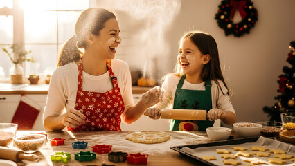 Happy Mom and Girl Rolling Dough for Christmas Cookies