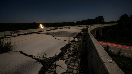 Abandoned Bridge, A highway left to decay in the darkness of the night, A forgotten overpass with decaying concrete and the passage of time