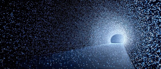 Abstract digital tunnel of shimmering blue and white luminous particles, representing futuristic technology, data flow, and virtual connectivity