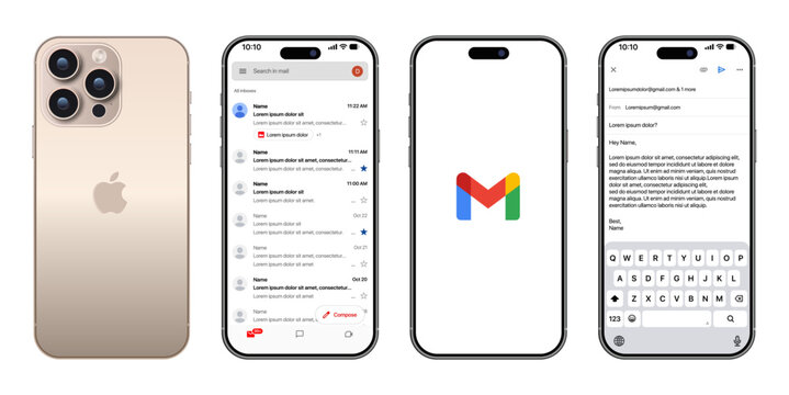 Gmail email app mockup template on Apple iPhone frame showcasing Gmail inbox UI, Gmail compose screen, mobile email template design and editable social media layout