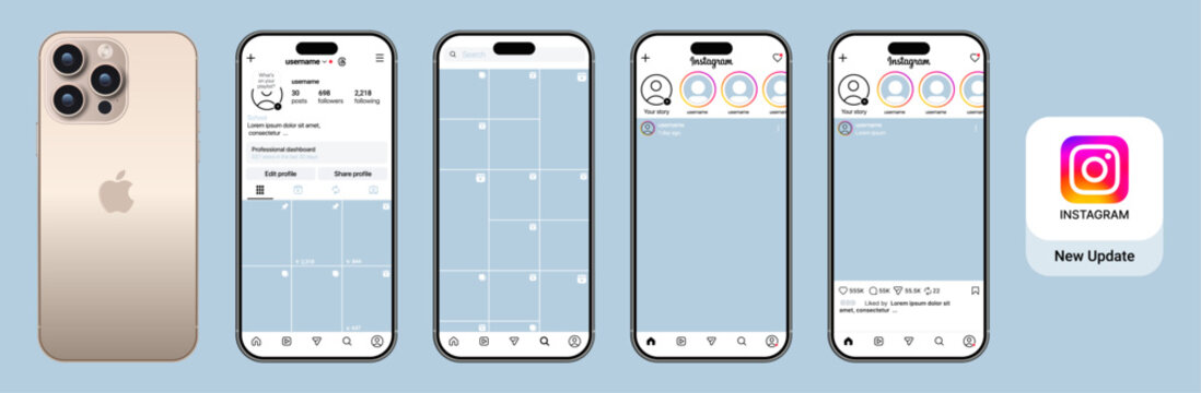 Instagram profile and feed mockup template on Apple iPhone frame showcasing Instagram new update UI, Instagram social media layout, mobile template design, and editable post and story interface