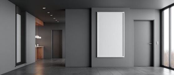 Modern minimalist interior design with dark grey walls, large window, and empty vertical frame mockup