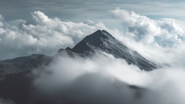 Majestic mountain peak emerging from a sea of clouds and mist, a dramatic alpine landscape in cool tones