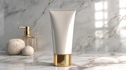 Luxury off-white cosmetic tube with gold base on reflective white marble surface, an elegant skincare product display in a bright bathroom setting with natural light and spa elements.