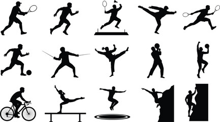 Diverse Sports Activities Silhouettes Collection, Athletes Playing Tennis, Cycling, Climbing, Running, Fencing, and Martial Arts Vector