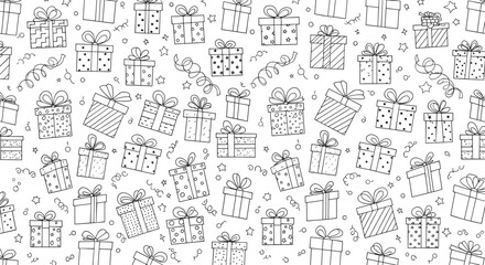 Naklejka premium Seamless pattern of hand-drawn gift boxes with bows and confetti for celebrations.