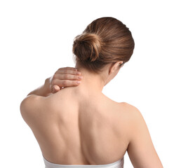 Fototapeta premium Woman doing neck massage on white background, back view