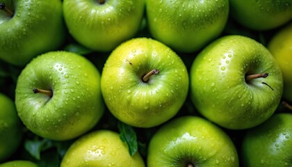 Close up photo of fresh green apples. Apples covered in water drops. Healthy organic fruits are on display. Macro photo is great for food and eco themes.