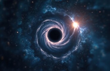 Vast dark void of black hole pulls in cosmic dust and light. Swirling accretion disk glows around singularity. Distant stars speckle deep space nebula. Bright sunlike object flares intensely nearby.