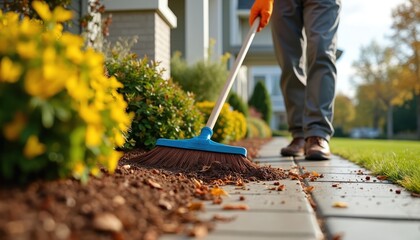 Person wearing orange gloves sweeps mulch, brown autumn leaves from well-maintained garden bed. Worker uses blue broom to clean concrete sidewalk path daily. Seasonal fall yard work, home