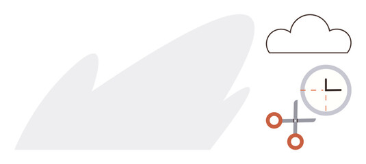 Cloud outline, clock with dotted lines, and scissors illustrate data management, time efficiency, and precision. Ideal for productivity, technology, scheduling, creativity organization minimalism © robu_s