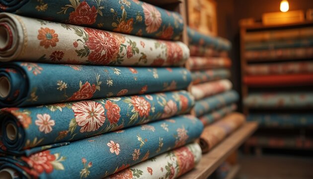 Stacked rolls of floral pattern fabric in cozy textile shop interior. Teal, cream cloth with vintage flower designs displayed on wooden shelves. Beautiful materials ready for sewing, upholstery, home