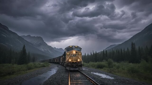 Train hauling extracted coal traveling along a wet track as thunderclouds gather overhead in a dramatic natural setting.