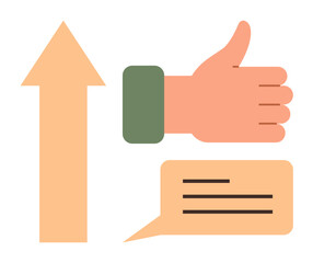 Upward arrow, thumbs-up gesture, and speech bubble symbolize approval, positive feedback, success in teamwork or communication. Ideal for motivation, achievement, growth, collaboration business