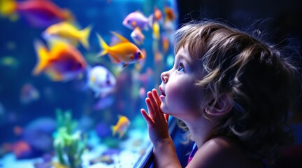 Close-up of a little girl with wide eyes watching vibrant colorful fish swim in a dark aquarium for childhood wonder concept and marine education