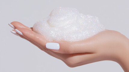 Naklejka premium 2026 color trend. Hand with white manicure elegantly holds a shimmering white slime, showcasing its glossy texture against a soft background, perfect for creative and playful concepts