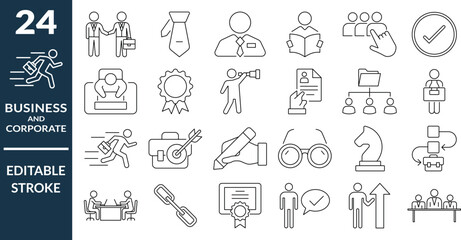 Business and Corporate Editable Line Icons Set.Strategy, Management, and HR Outline Symbols, Agreement, and Teamwork Outline Icons, Professional Career Vector Icons