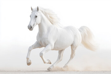 Fototapeta premium 2026 color trend. Majestic white horse running gracefully with flowing mane against a soft white background, showcasing beauty and elegance in motion with ample copy space for design