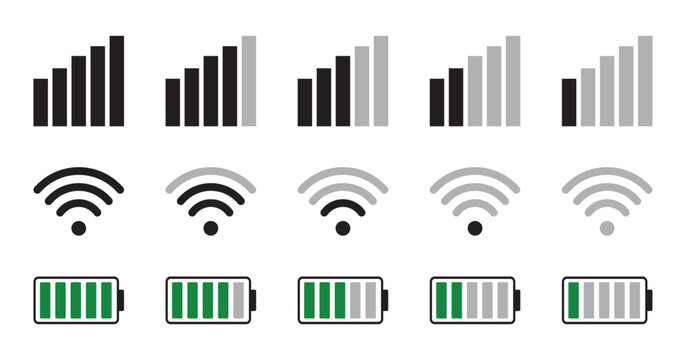 Minimal Black and Blue vector icons showing mobile signal strength, wi-fi connectivity, Network and battery charge levels.vector illustration.