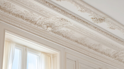 2026 color trend. Softly lit neoclassical interior showcasing intricate ceiling details, highlighting ornate craftsmanship and elegant design elements in a serene atmosphere with natural light