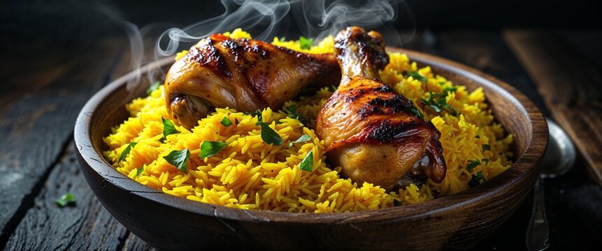 Steaming hot chicken biryani in a traditional handi pot, garnished with fried onions, mint, and boiled eggs