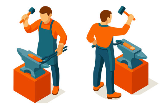 A cartoon illustration of a blacksmith working with a hammer and anvil
