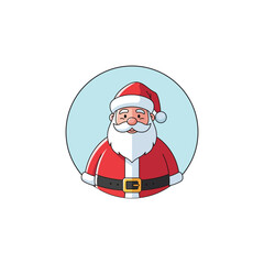 A cheerful cartoon illustration of Santa Claus smiling in a red suit and hat inside a blue circle.