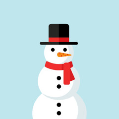 Cartoon snowman with a black top hat, red scarf, carrot nose, and button details against a light blue background.