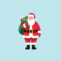 Cartoon illustration of Santa Claus standing and carrying a green sack full of colorful Christmas presents.