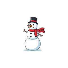 A cheerful cartoon snowman with a black top hat and red scarf, smiling brightly.