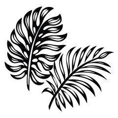 Obraz premium Exotic Two Tropical Leaves Silhouette, Palm and Monstera Leaf Design Isolated