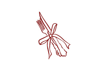 Hand-Drawn Wedding Clipart Stylized red line art of fork and knife tied with a bow icon isolated on transparent background