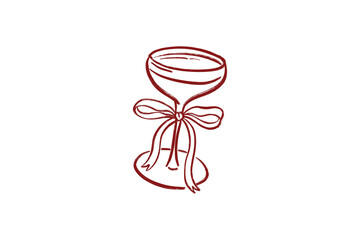 Hand-Drawn Wedding Clipart Stylized red line art goblet with decorative ribbon bow design isolated on transparent background