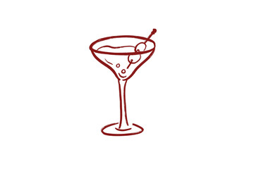 Hand-Drawn Wedding Clipart red cocktail glass with olives line art icon isolated on transparent background