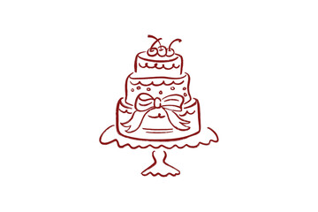 Hand-Drawn Wedding Clipart Celebration tiered cake with cherries and bow isolated on transparent background