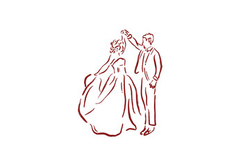 Hand-Drawn Wedding Clipart red line art illustration of a dancing wedding couple isolated on transparent background